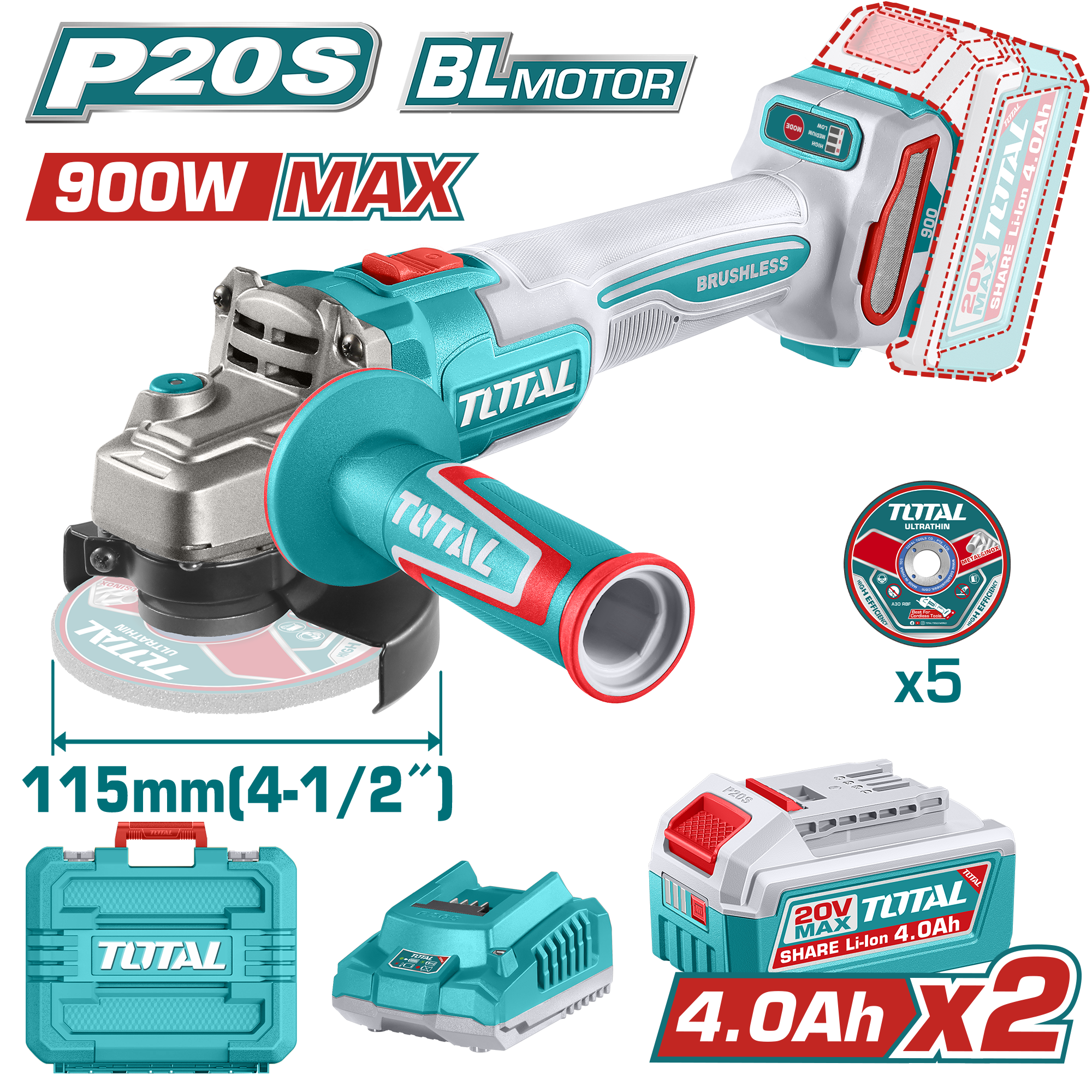 Amoladora 4.5 900W 20V Brushless 3000-9000RPM 115MM M14 2X4.0AH Disco X5 Total