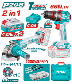 Combo 2 EN 1- 20V Taladro 66NM+AMOLADORA 1200W+DISCOS+2X4.0AH+CARGADOR+ACC Maletin
