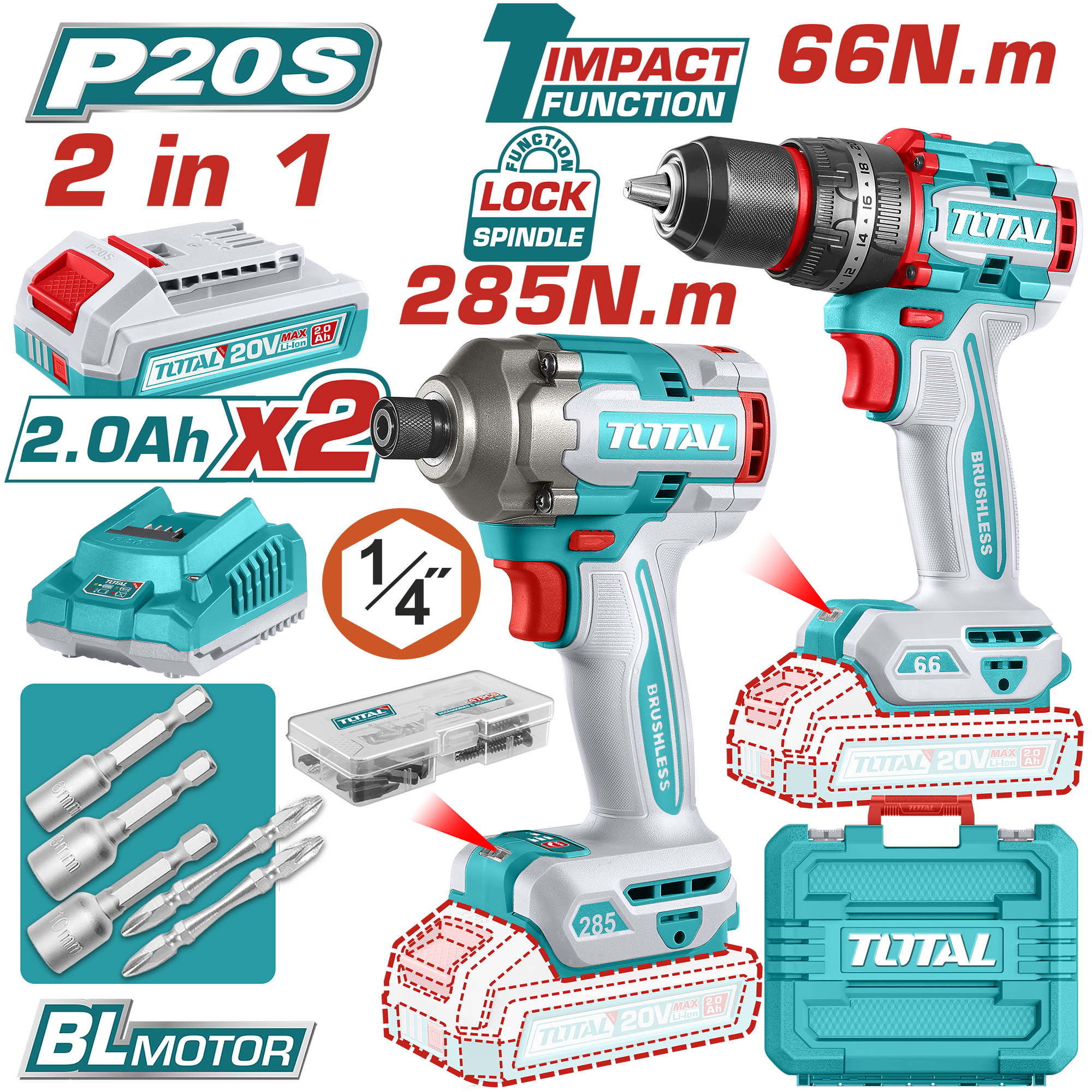 Combo 2 EN 1 Taladro Percutor 66 N.M + Atornillador 285N.M 20V + ACC 2X2.0AH