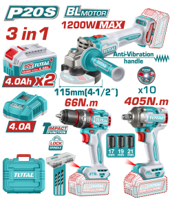 Kit 3 en 1: Atornillador Percutor 66Nm + Amoladora 4.1/2" + Llave De Impacto 1/2", 2 Baterías 4.0Ah 20v Sin Carbones