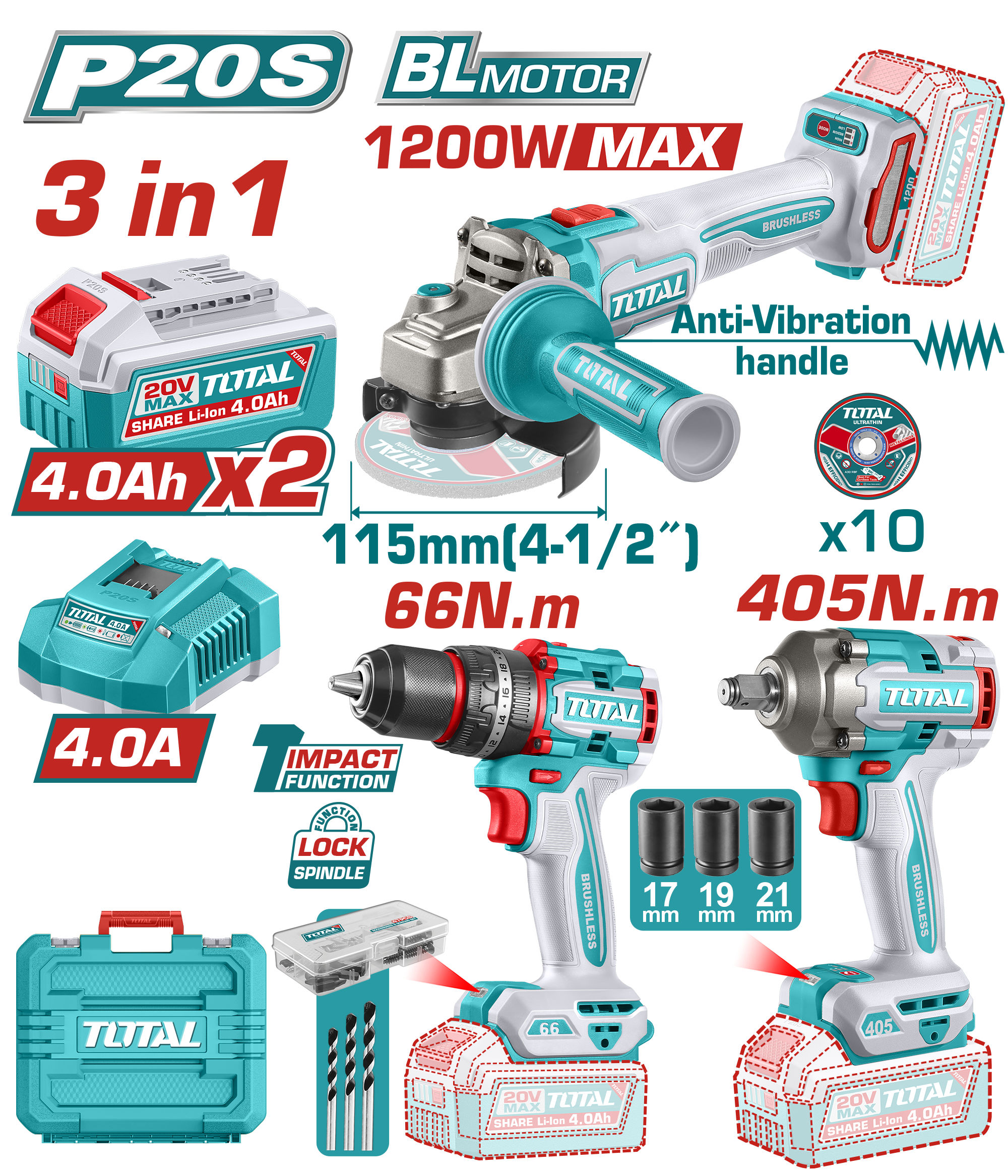 Kit 3 en 1: Atornillador Percutor 66Nm + Amoladora 4.1/2" + Llave De Impacto 1/2", 2 Baterías 4.0Ah 20v Sin Carbones