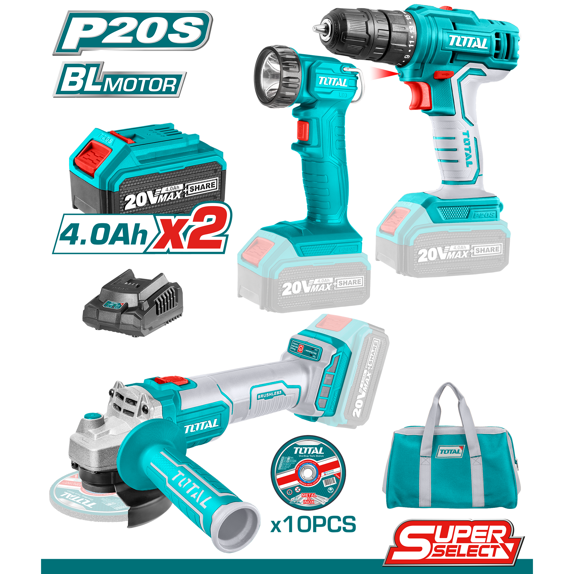 KIT Taladro + Esmeril + Lampara 20V Marca Total