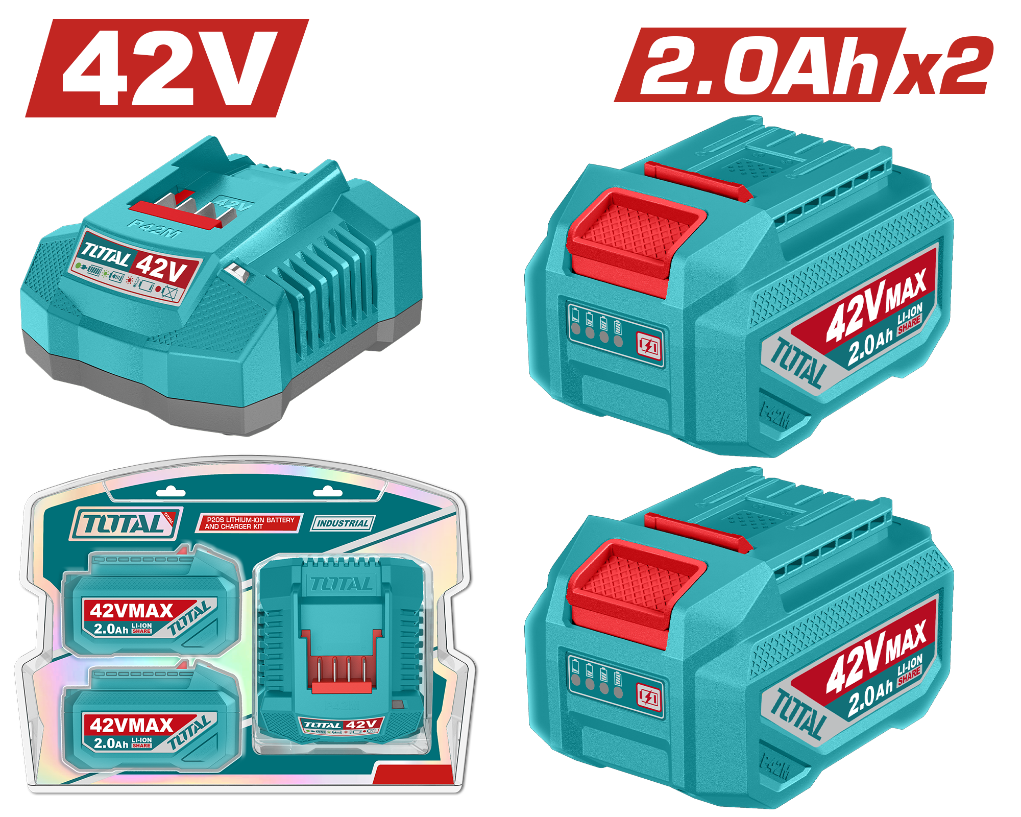 2 Baterías Litio Ion 2.0Ah + Cargador Rápido 2A 42v