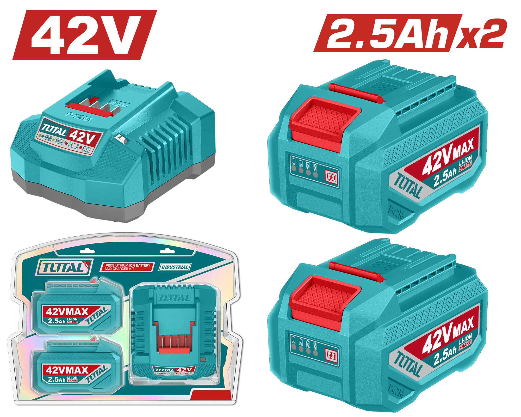 2 Baterías Litio Ion 2.5Ah + Cargador Rápido 2A 42v