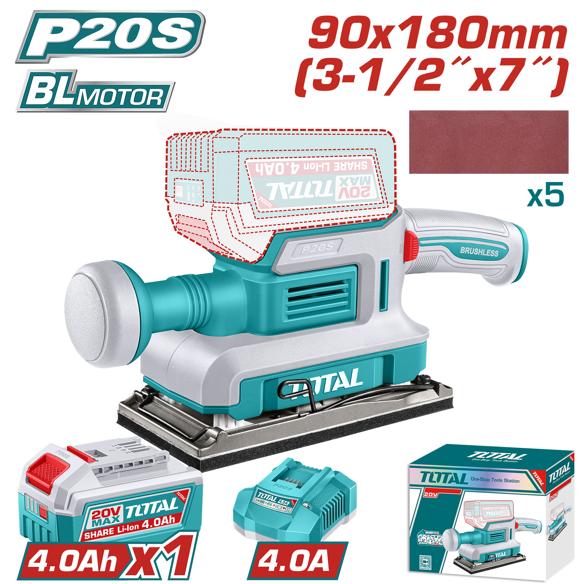Lijadora Acabados 20V 90X180MM 13000RPM 1X4.0AH + Accesorios