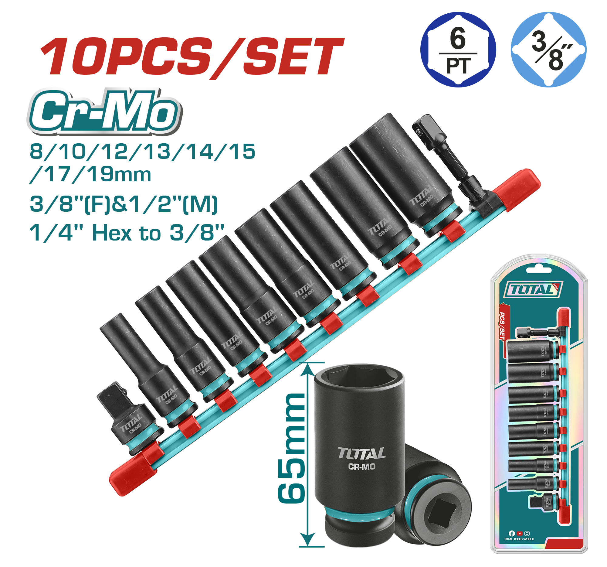 Juego De Dados Largos De Impacto 3/8" - 10 Piezas