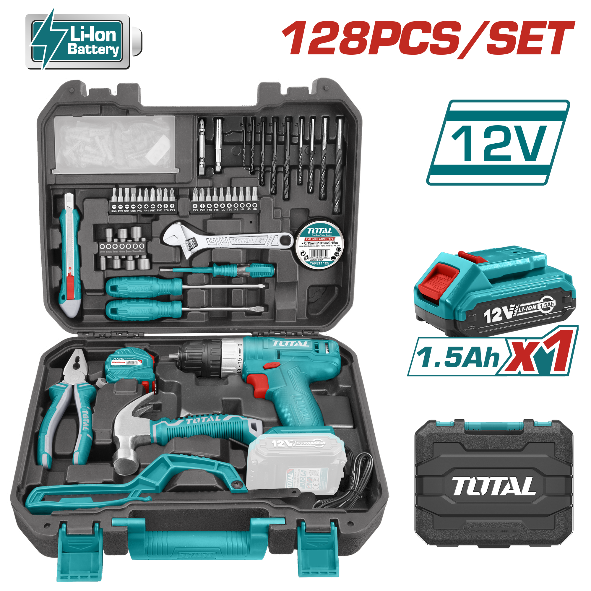 Juego De 128 Herramientas En Maletín con taladro de 12v