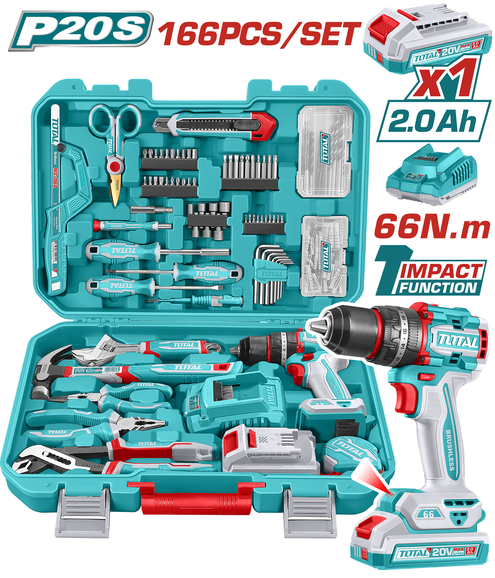 Set De Taladro Percutor 20v 66Nm Y Herramientas Manuales - 166 Piezas