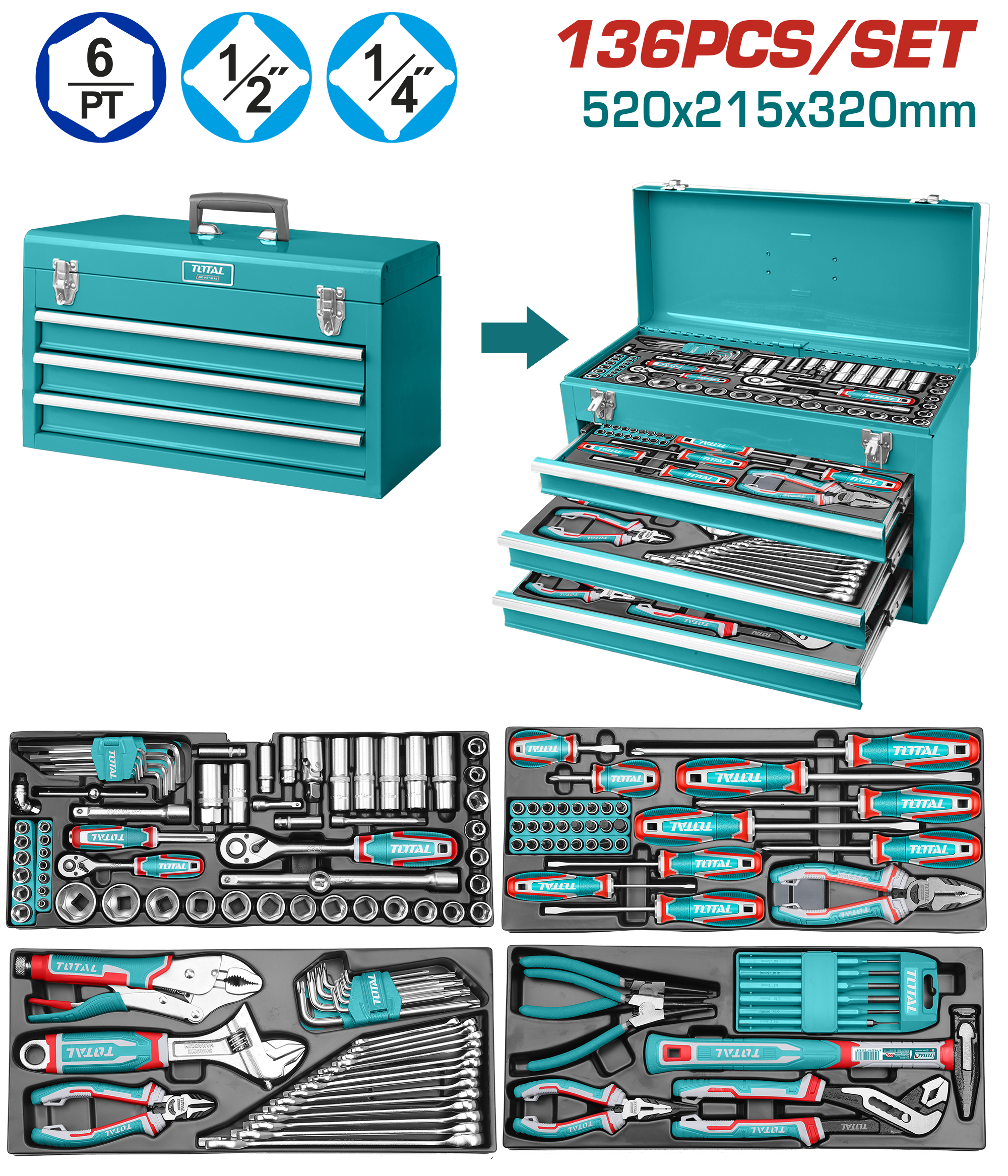 Caja de Herramientas Variadas De 3 Niveles. Incluye 136 Piezas. Dimensiones Generales: 520 × 218 × 320 Mm Juego Kit