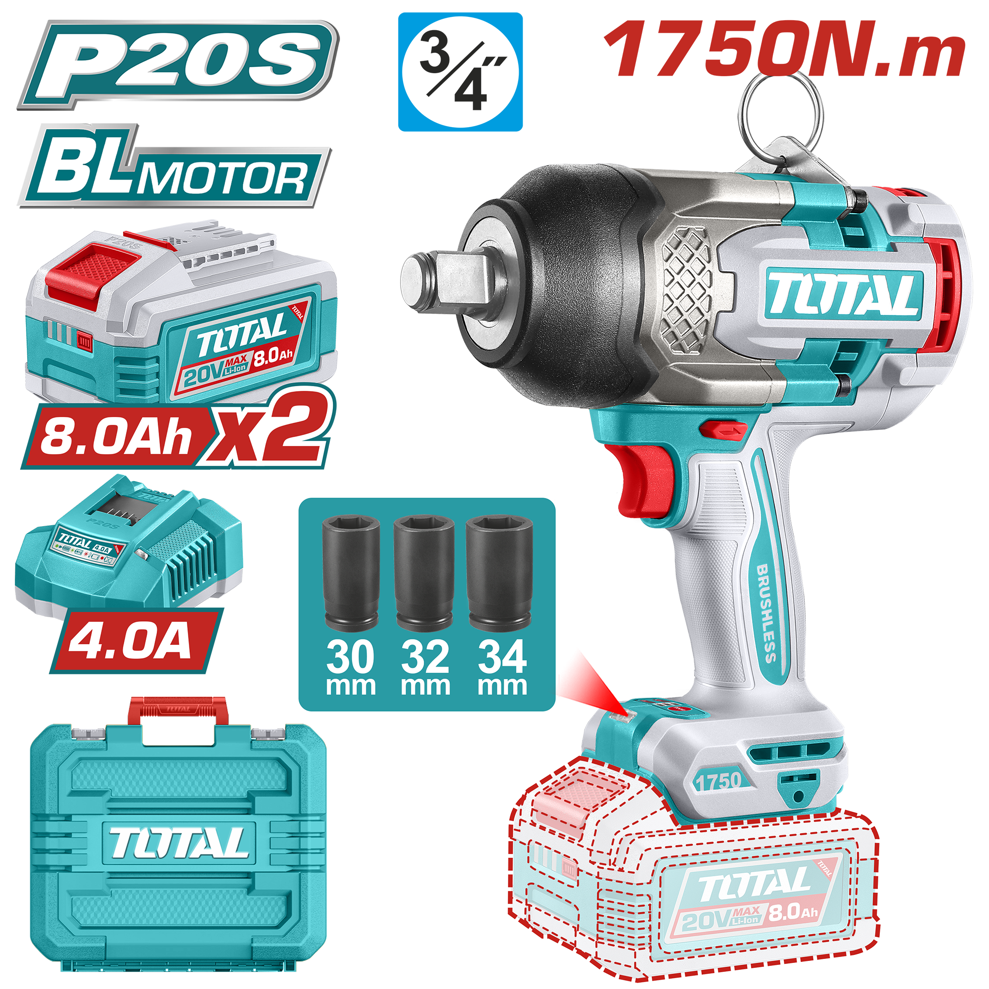 Llave De Impacto Inalámbrica 20v 3/4plg 1750Nm
