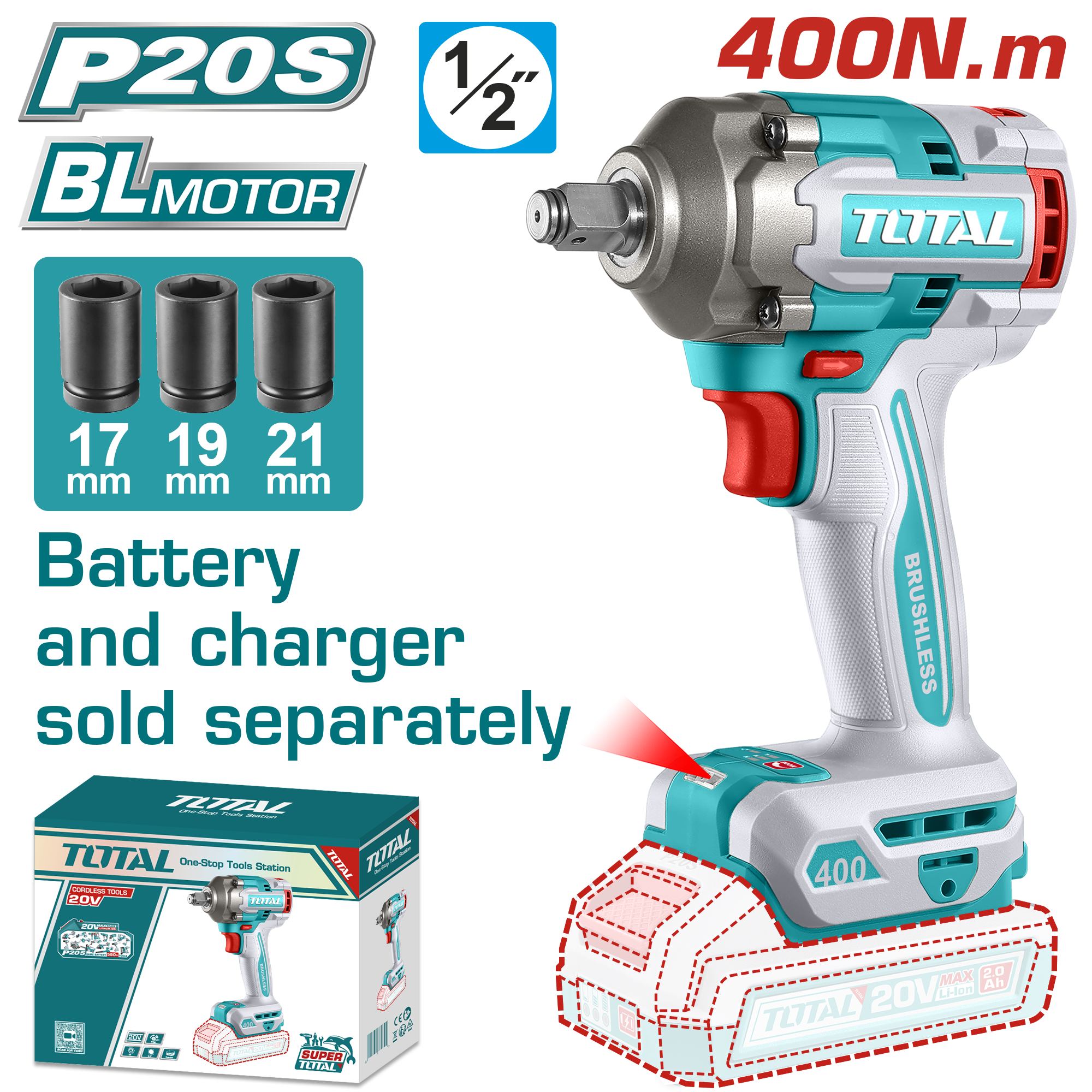 Llave De Impacto 1/2" 400Nm Inalámbrica A Batería 20v