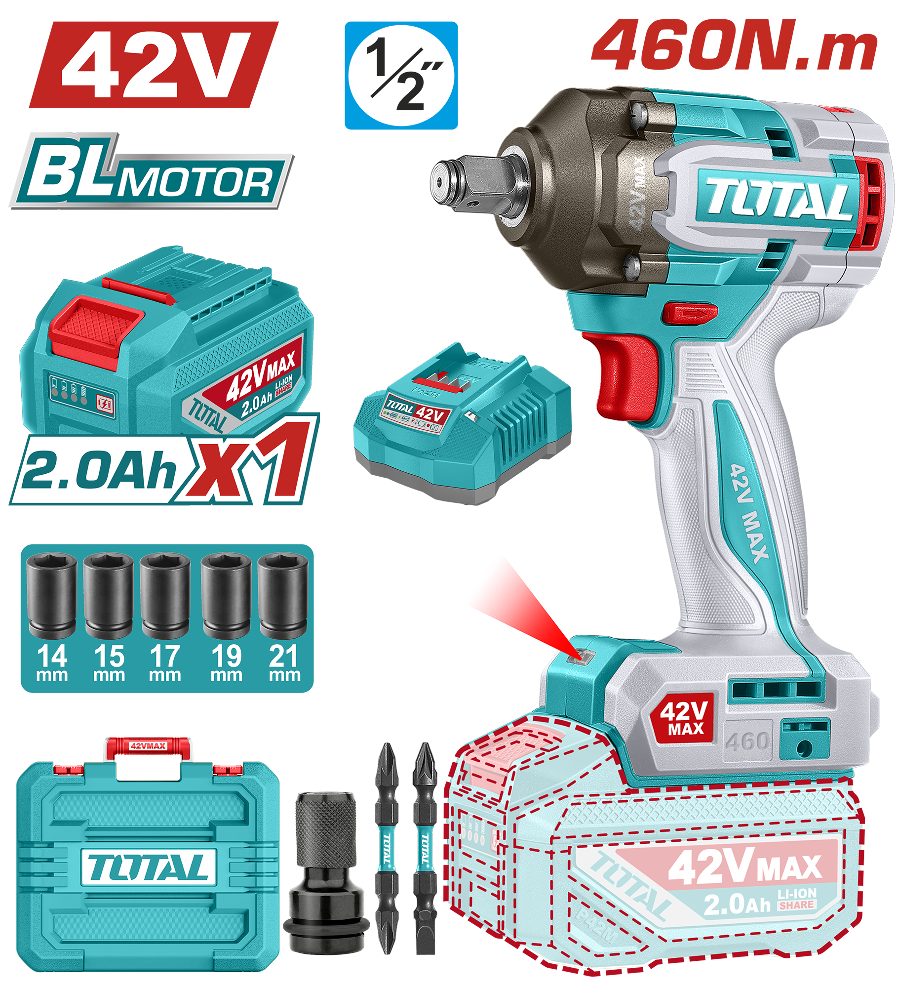 Llave De Impacto Inalámbrica 42v 1/2plg 460Nm