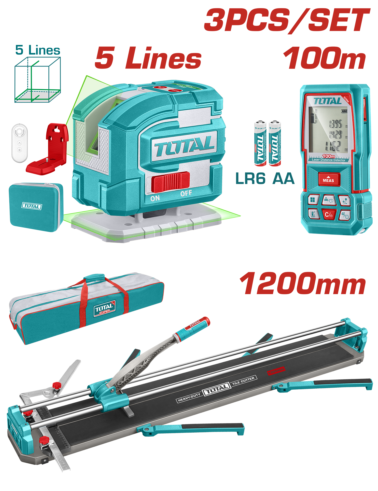 Combo (3En1) Cortamayolica 1200MM + Nivel Laser 0-35M + Medidor Laser 100M + ACC