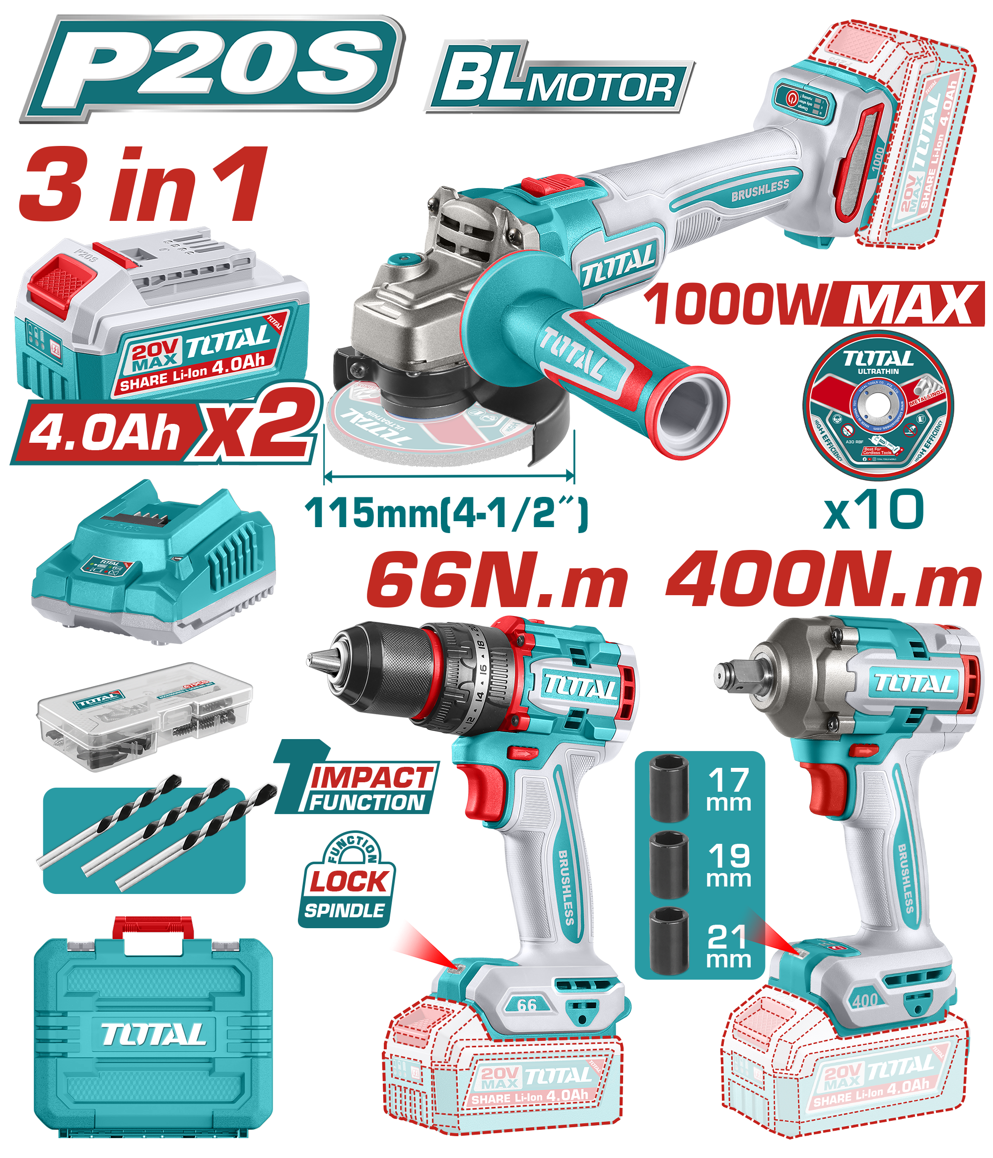 Kit Línea 20v Sin Carbones: Atornillador Percutor 66Nm + Amoladora 4.1/2" + Llave De Impacto 1/2", 2 Baterías 4.0Ah