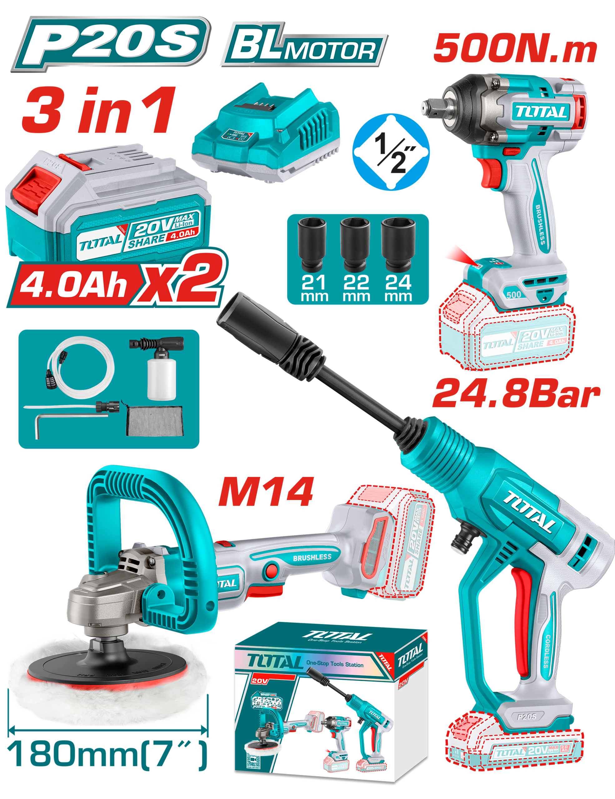COMBO 3 EN 1 Llave de Impacto 500Nm ,hidrolavadora 24,8 Bar Y Pulidora