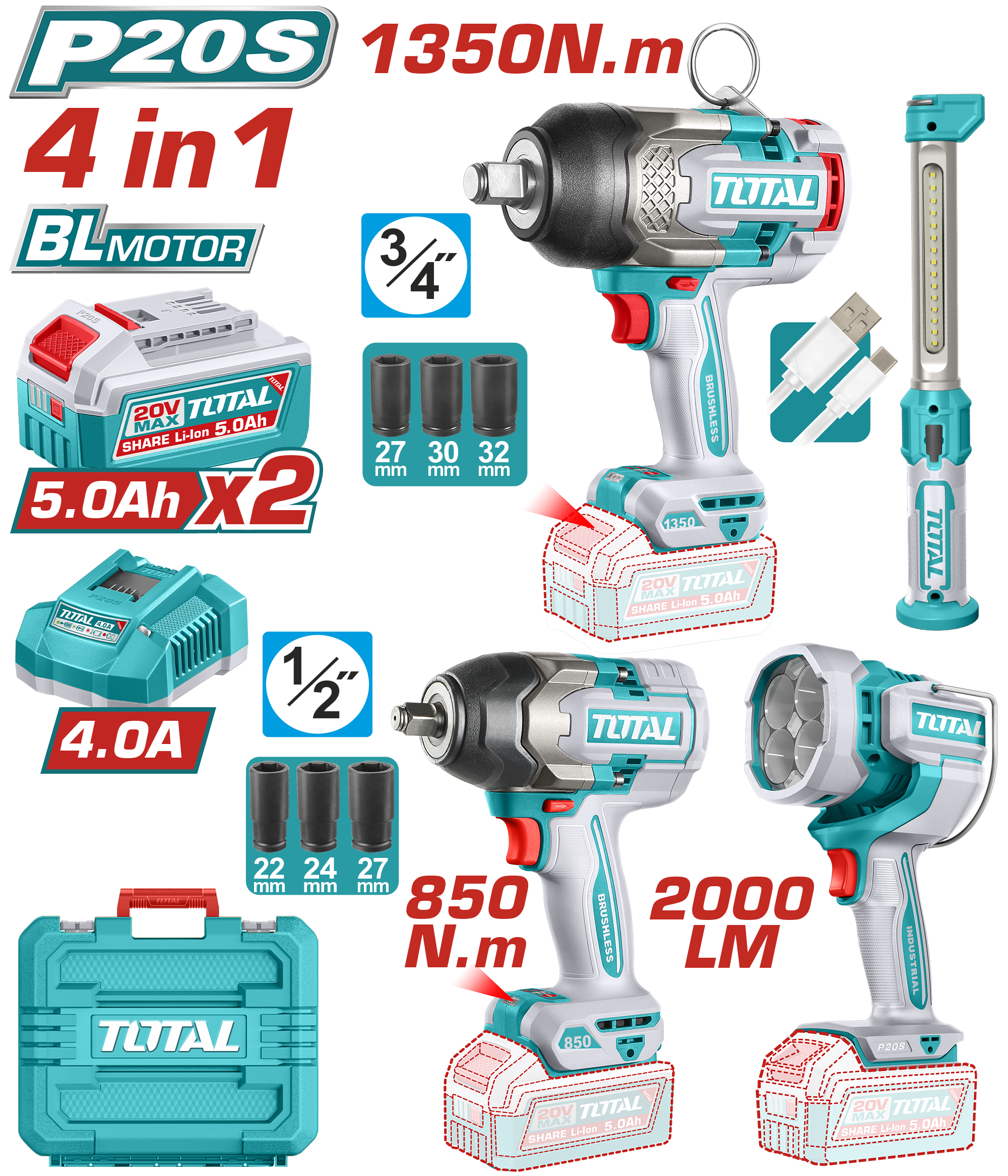 COMBO 4 EN 1 2 Llaves De Impacto 20v 1/2 plg 3/4plg Foco 20v Linterna