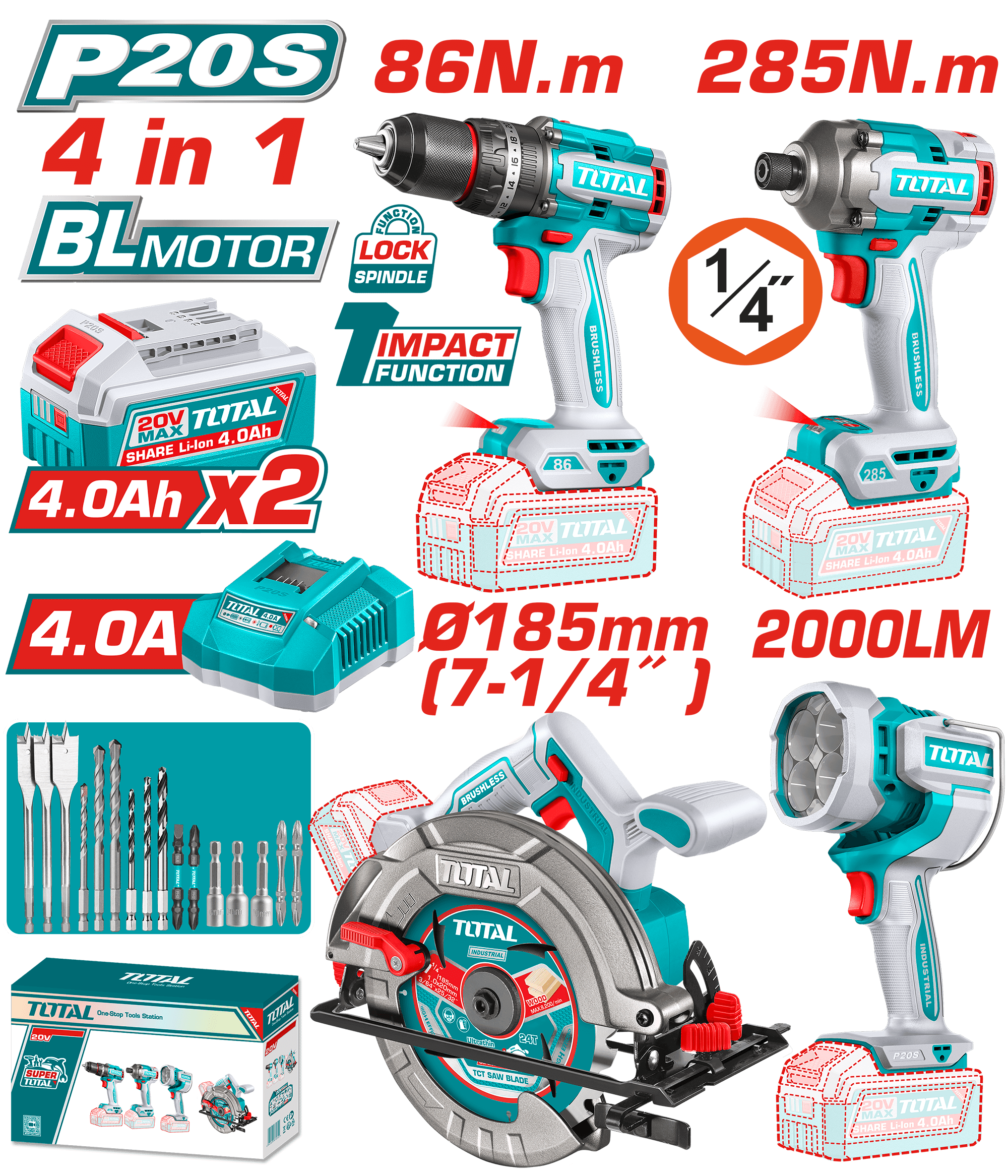 Combo 4 EN 1 BL Taladro 86NM + Atornillador 285NM + Sierra 185MM + Linterna 2000LM +Acc Industrial