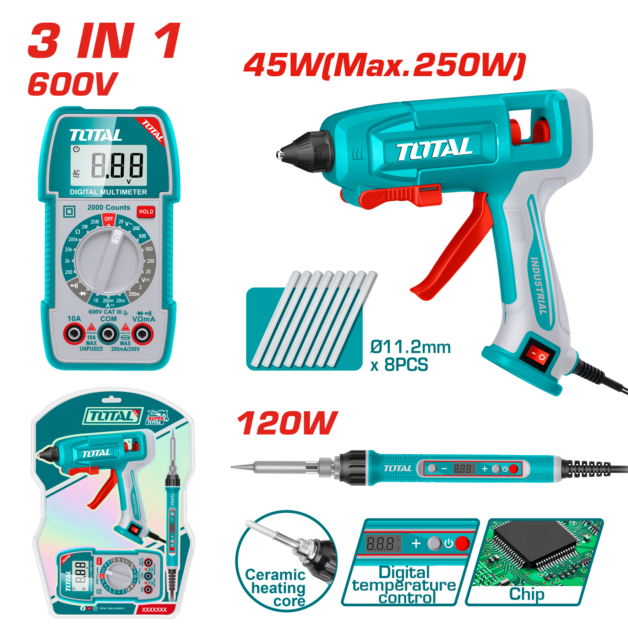 Combo Multimetro 600V + Pistola Silicona 250W + Cautin 120W + ACC Industrial