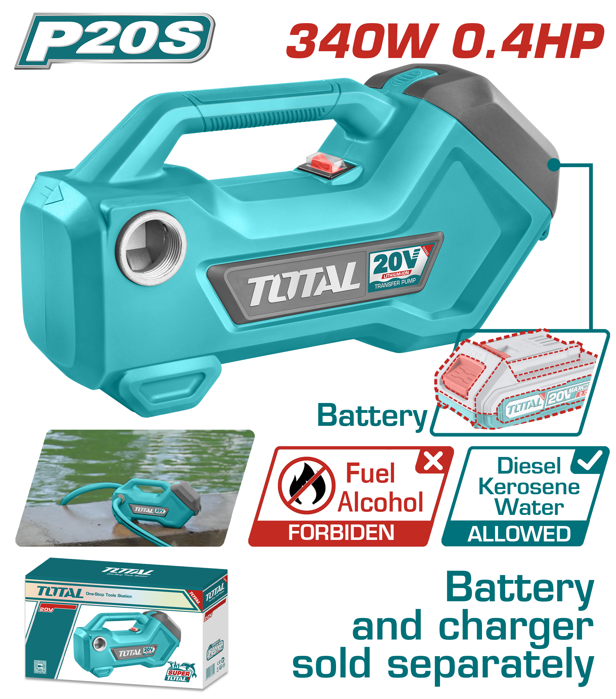 Bomba DE Agua DE Transferencia Li-Ion 20V 3/4" 4500RPM 48L/MIN